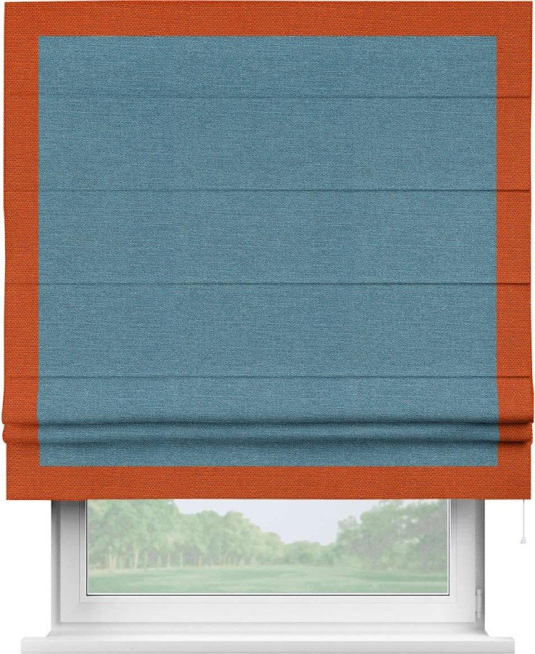 Римская штора «Кортин» с кантом Чесс, для проема, ткань лён голубой